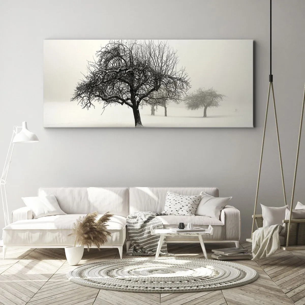Bild auf Leinwand - Leinwandbild - Bäume auf einem schneebedeckten Feld, umgeben von Nebel - 160x50cm - Winterschlaf - Moderne Wanddekoration für Wohnzimmer und Schlafzimmer ARTTOR