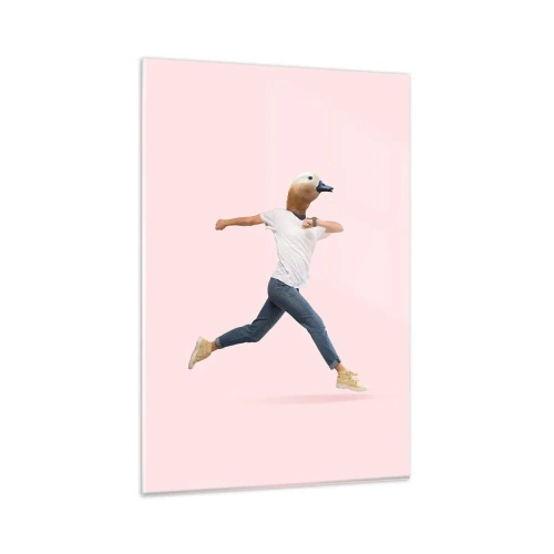Glasbild - Bild auf glas - Eine surrealistische Figur mit einem Entenkopf in Bewegung - 80x120cm - Eine Prise Absurdität - Moderne Wanddekoration für Wohnzimmer und Schlafzimmer ARTTOR