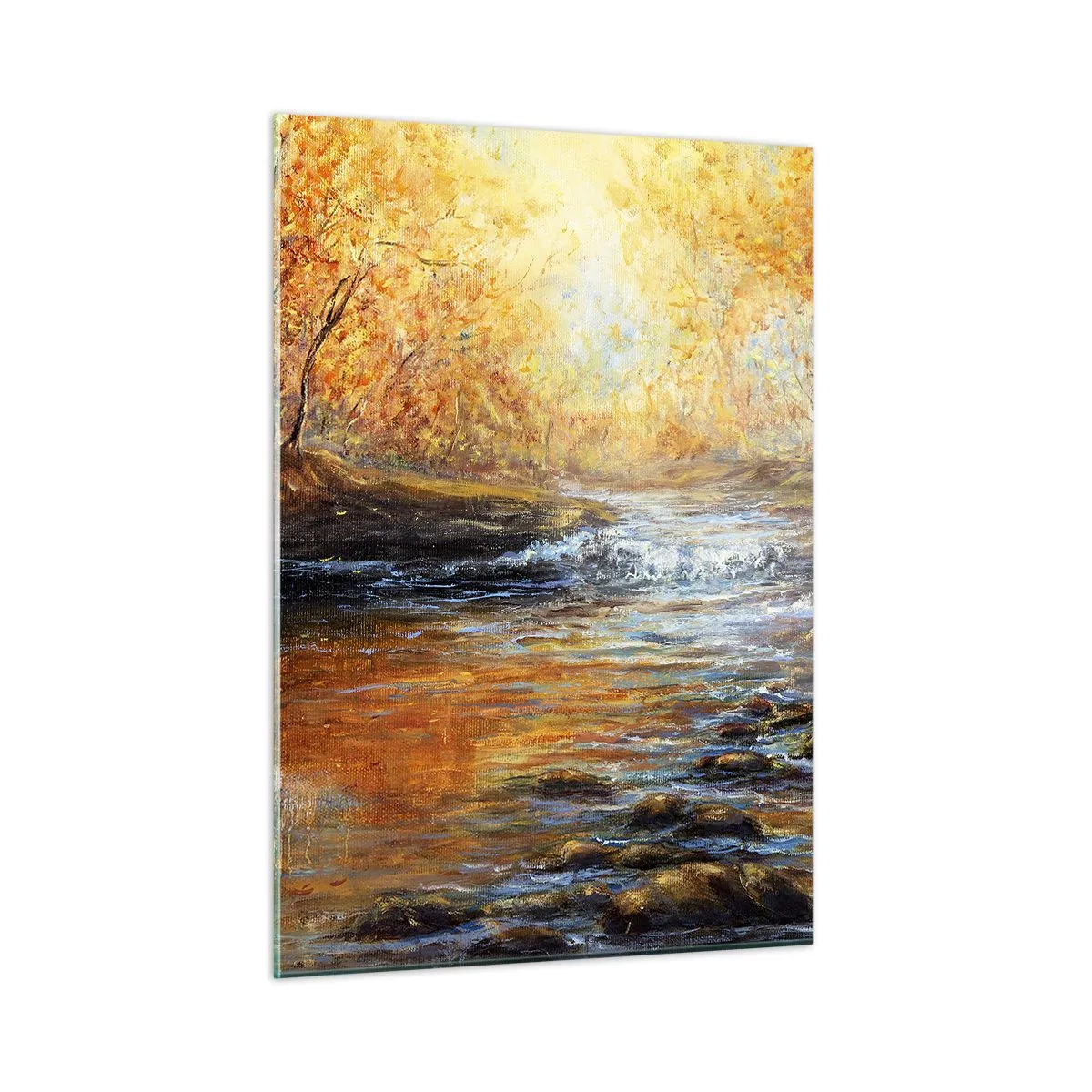 Glasbild - Bild auf glas - Ein goldener Bach im Wald, umgeben von Herbstbäumen - 50x70cm - Der goldene Strom - Moderne Wanddekoration für Wohnzimmer und Schlafzimmer ARTTOR