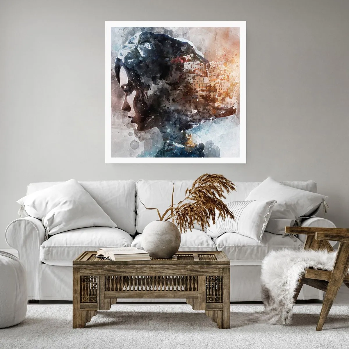 Poster - Eine Geschichte über ein Mädchen mit einer Stadt im Hintergrund - 60x60 cm