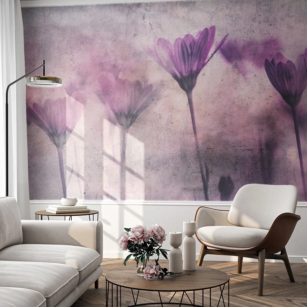 Fototapete Premium Sand - Zarte lila Blüten auf strukturiertem Hintergrund - 100x70cm - Ein Blumentraum - Moderne Wanddekoration für Wohnzimmer und Schlafzimmer ARTTOR