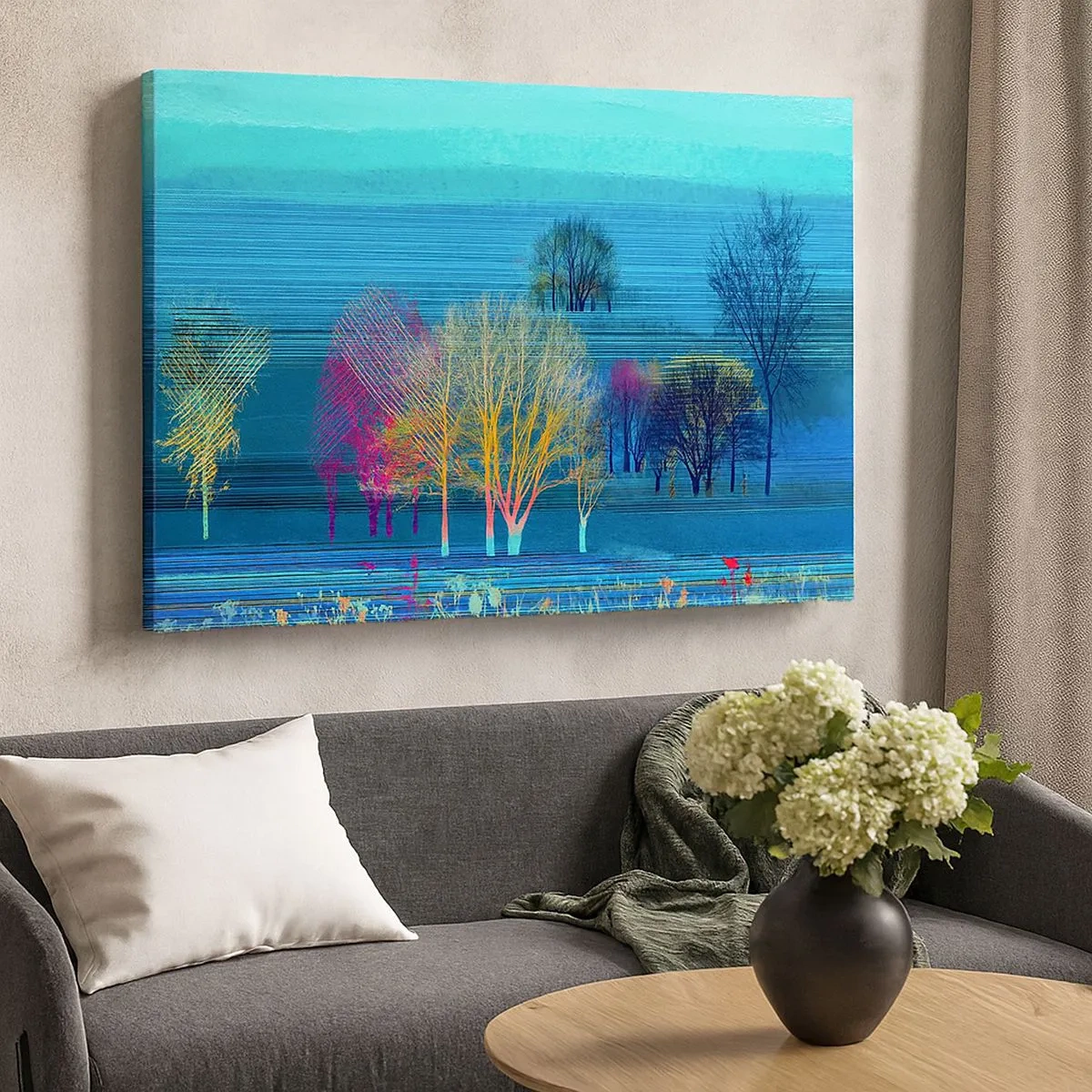 Bild auf Leinwand - Leinwandbild - Bunte Bäume vor einer blauen, minimalistischen Landschaft - 70x50cm - Eine gekämmte Landschaft - Moderne Wanddekoration für Wohnzimmer und Schlafzimmer ARTTOR