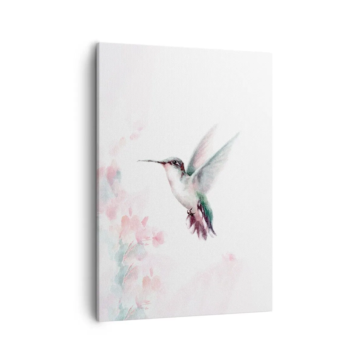 Bild auf Leinwand - Leinwandbild - Ein Kolibri in zarten Pastellfarben vor einem Hintergrund aus Blumen - 50x70cm - Im Flattern gehalten - Moderne Wanddekoration für Wohnzimmer und Schlafzimmer ARTTOR