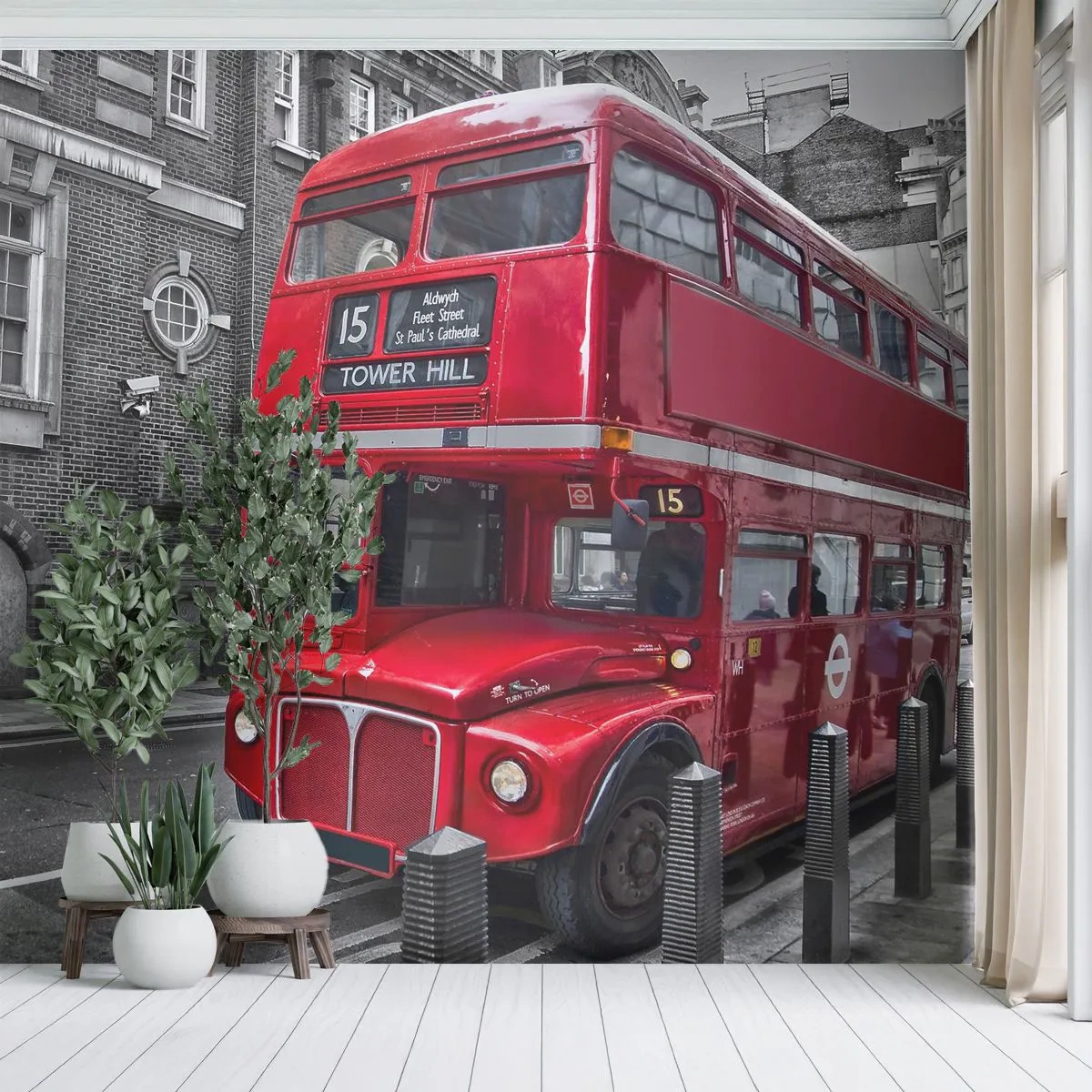 Fototapete Standard Eco - Schwarz-weiße Straße mit einem roten Doppeldeckerbus - 100x70cm - Immer gleich - Moderne Wanddekoration für Wohnzimmer und Schlafzimmer ARTTOR