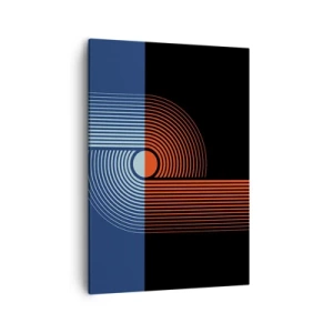 Bild auf Leinwand - Leinwandbild - Geometrische Abstraktion mit Linien in Marineblau und Orange. - 50x70cm - In einer geometrischen Umarmung - Moderne Wanddekoration für Wohnzimmer und Schlafzimmer ARTTOR