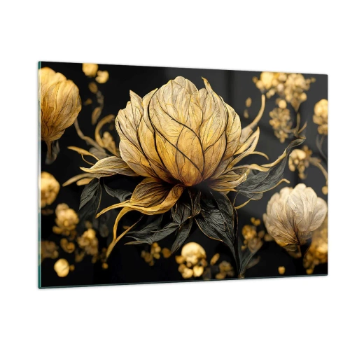 Glasbild - Bild auf glas - Goldene Blumen auf schwarzem Hintergrund in einer eleganten Komposition - 120x80cm - Subtile Zerbrechlichkeit - Moderne Wanddekoration für Wohnzimmer und Schlafzimmer ARTTOR