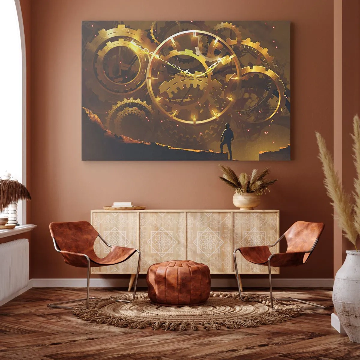 Bild auf Leinwand - Leinwandbild - Goldene Zahnräder in einer surrealen Umgebung mit einer Figur - 120x80cm - An der Quelle der Zeit - Moderne Wanddekoration für Wohnzimmer und Schlafzimmer ARTTOR