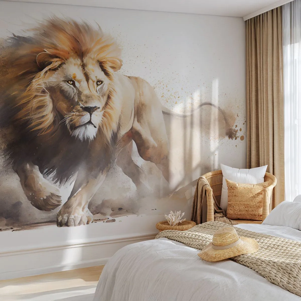 Fototapete Premium Sand - Ein stattlicher Löwe in Bewegung in der künstlerischen Form des Aquarells - 100x70cm - Der König zog um - Moderne Wanddekoration für Wohnzimmer und Schlafzimmer ARTTOR