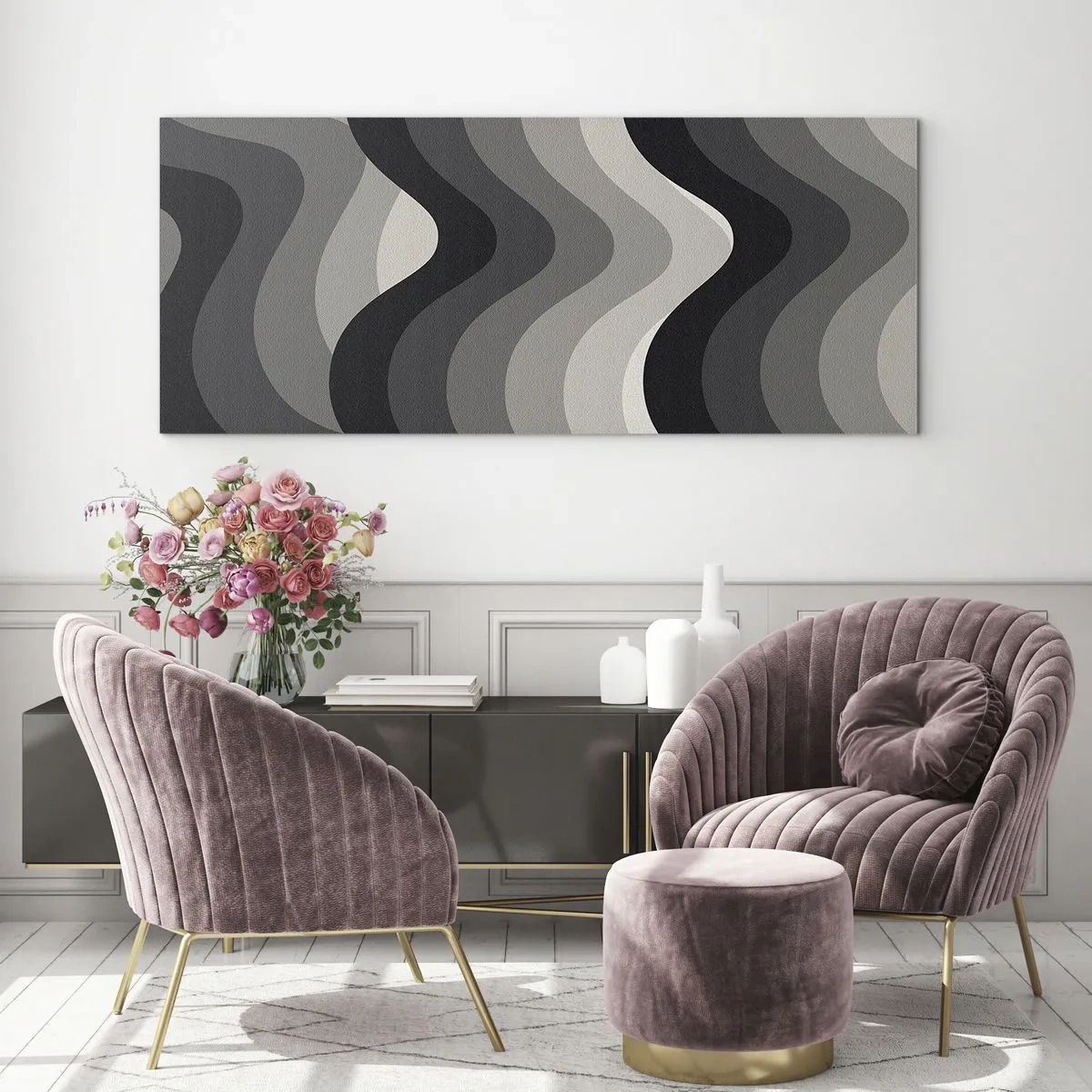 Glasbild - Bild auf glas - Schwarz-weiße Wellenmuster in Grautönen - 160x50cm - Eine Welle nach der anderen - Moderne Wanddekoration für Wohnzimmer und Schlafzimmer ARTTOR