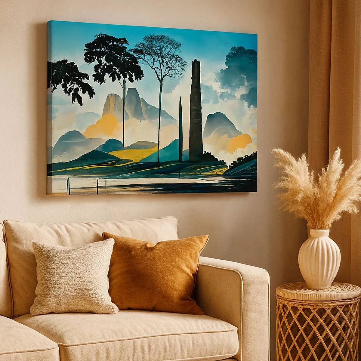 Bild auf Leinwand - Leinwandbild - Eine malerische Landschaft mit Bäumen und Bergen im Hintergrund - 70x50cm - Immer höher und höher - Moderne Wanddekoration für Wohnzimmer und Schlafzimmer ARTTOR