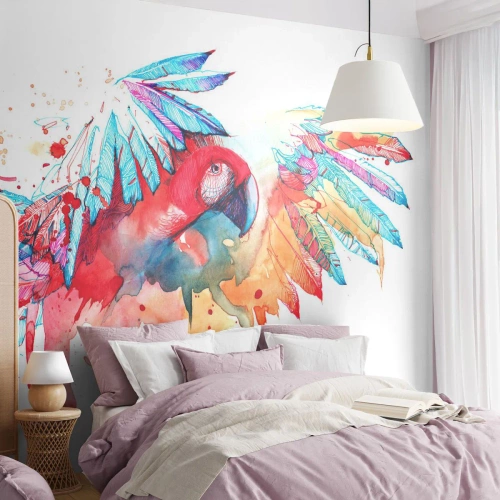 Fototapete Premium Sand - Ein farbenfroher Papagei im künstlerischen Aquarellstil - 100x70cm - Bunte Papageien - Moderne Wanddekoration für Wohnzimmer und Schlafzimmer ARTTOR