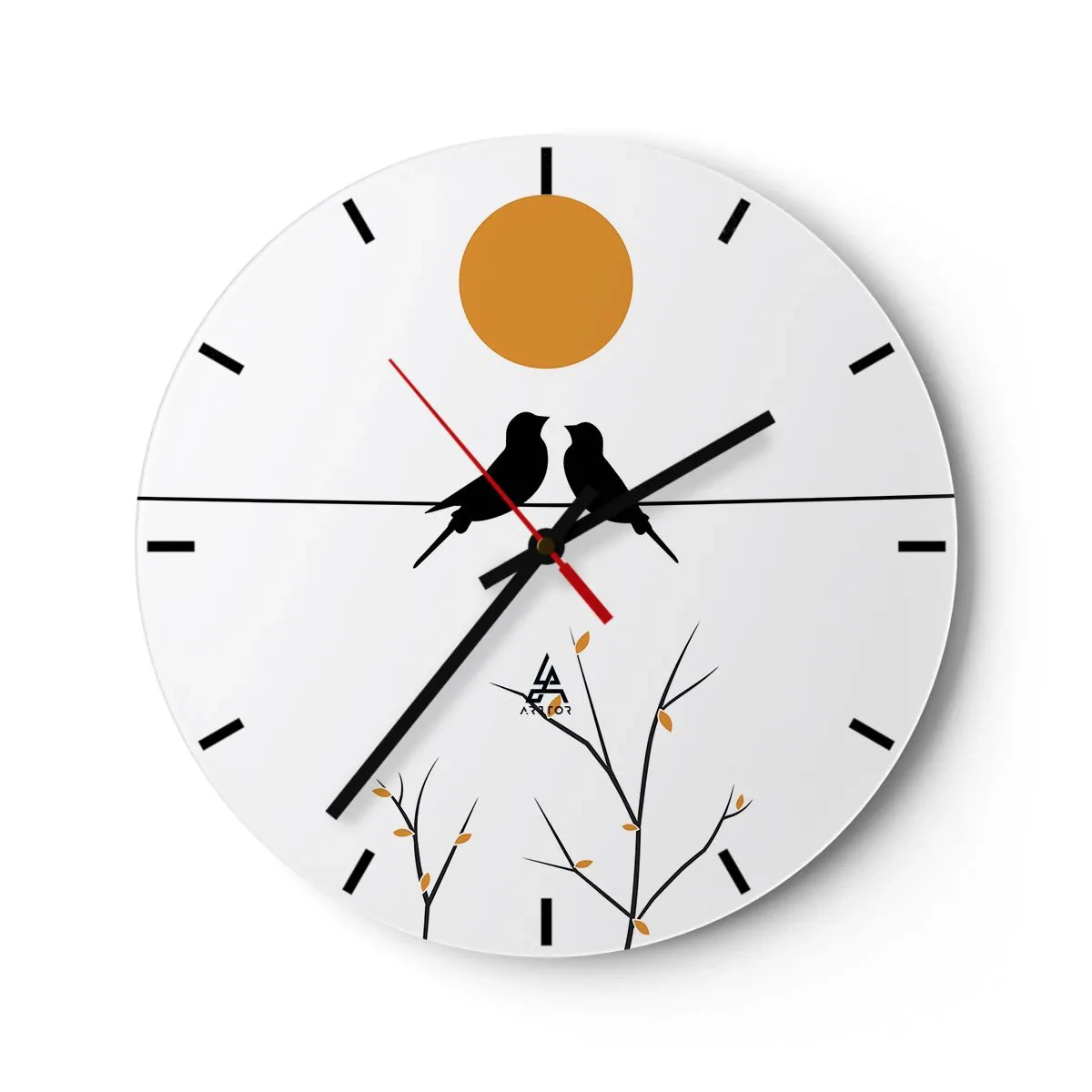 Wanduhr - Glasuhr - Zwei Vögel auf einem Ast unter einer orangefarbenen Sonne - 30x30cm - Abend der Nachtigallen - Moderne Wanddekoration für Wohnzimmer, Küche und Schlafzimmer ARTTOR