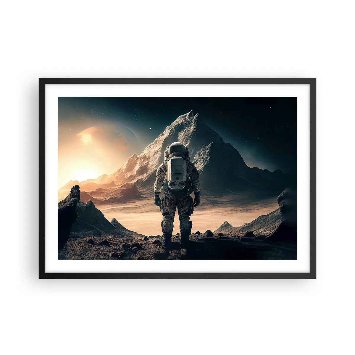 Poster in einem schwarzem Rahmen - Astronaut vor der Kulisse majestätischer Berge - 70x50cm - Neue Herausforderung - Moderne Wanddekoration für Wohnzimmer und Schlafzimmer ARTTOR