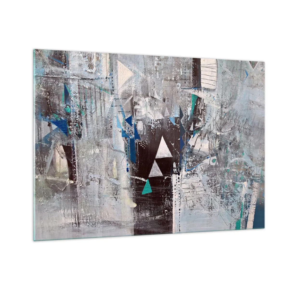 Glasbild - Bild auf glas - Geometrische Dreiecke vor dem Hintergrund einer abstrakten Komposition in Grautönen. - 100x70cm - Überschreibende Reihenfolge der Dreiecke - Moderne Wanddekoration für Wohnzimmer und Schlafzimmer ARTTOR