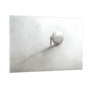 Glasbild - Bild auf glas - Eine minimalistische Silhouette eines Mannes mit einem großen Ball auf hellem Hintergrund. - 120x80cm - Das Spiel des Lebens - Moderne Wanddekoration für Wohnzimmer und Schlafzimmer ARTTOR