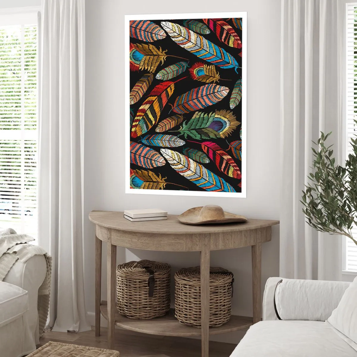 Poster - Bunte Federn auf schwarzem Hintergrund - 50x70cm - Der Vogelkarneval - Moderne Wanddekoration für Wohnzimmer und Schlafzimmer ARTTOR