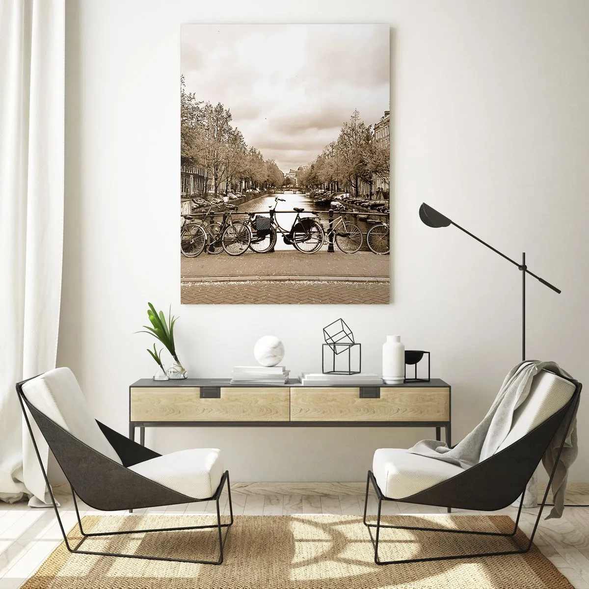 Glasbild - Bild auf glas - Fahrradbrücke über den Kanal in Sepia - 80x120cm - Niederländische Atmosphäre - Moderne Wanddekoration für Wohnzimmer und Schlafzimmer ARTTOR