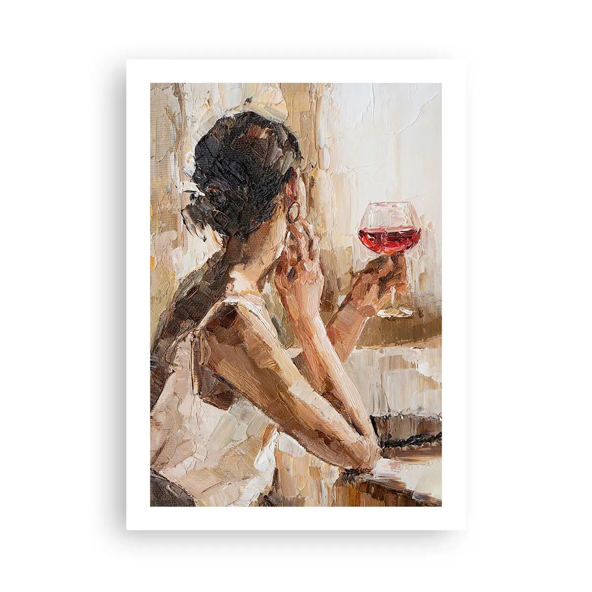 Poster - Eine Frau hält ein Glas Wein und schaut nachdenklich - 50x70cm - Der Geschmack eines guten Moments - Moderne Wanddekoration für Wohnzimmer und Schlafzimmer ARTTOR