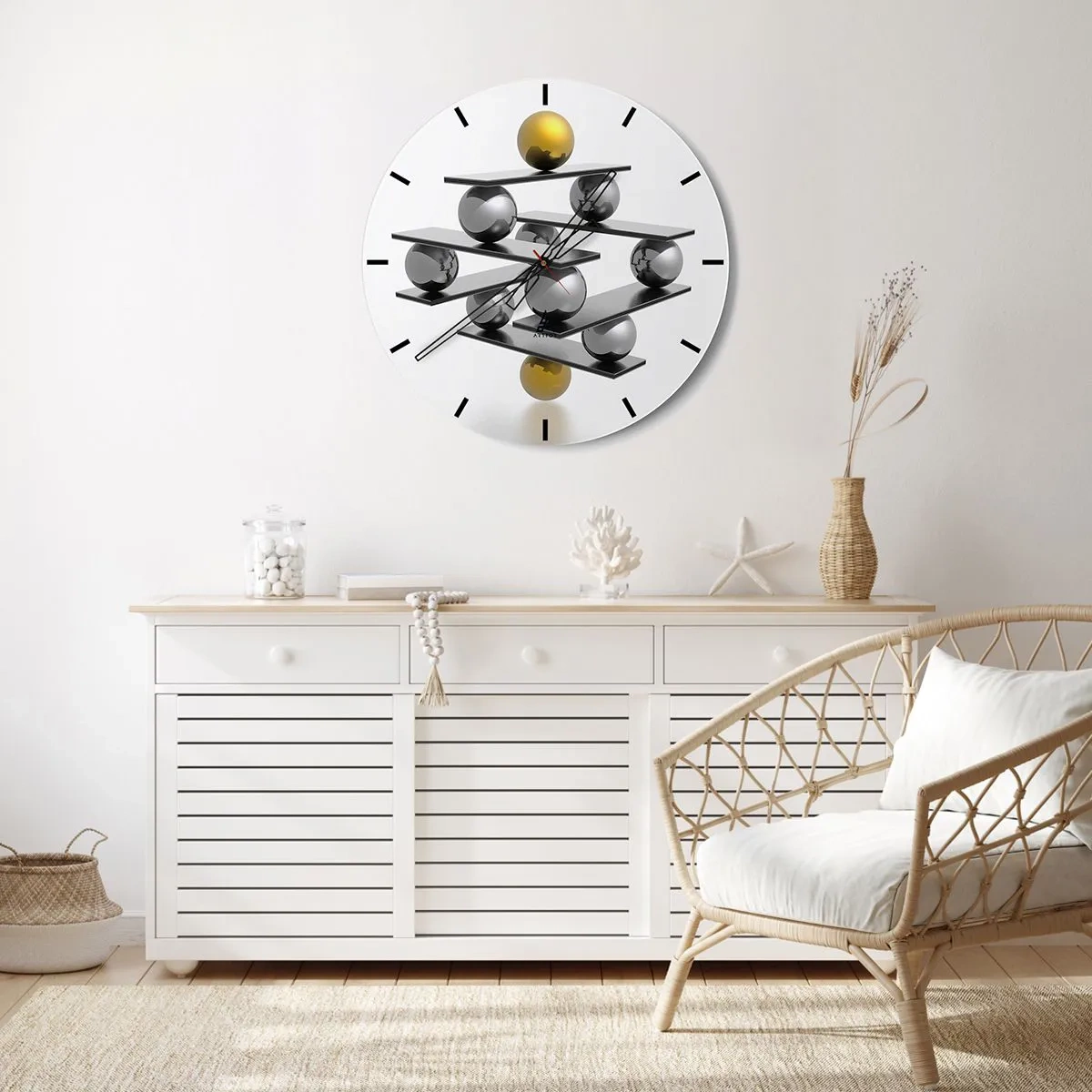 Wanduhr - Glasuhr - Eine moderne Komposition aus goldenen und silbernen Kugeln auf weißem Hintergrund - 30x30cm - Gold- und Silberbalance - Moderne Wanddekoration für Wohnzimmer, Küche und Schlafzimmer ARTTOR