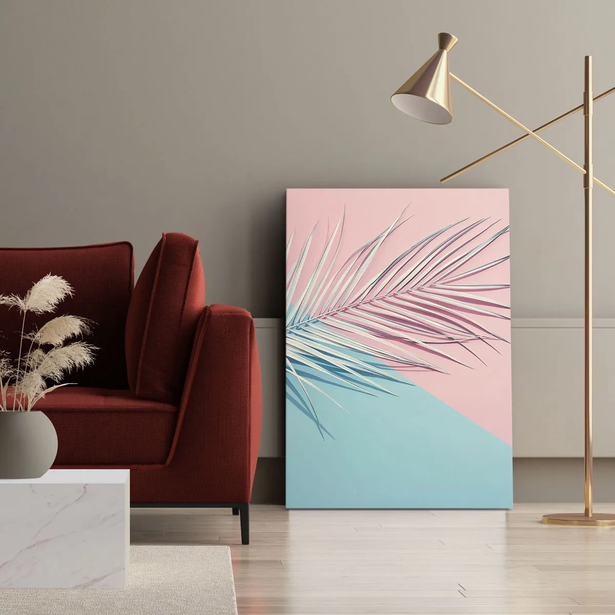 Bild auf Leinwand - Leinwandbild - Tropisches Blatt vor einem Hintergrund in Pastelltönen von Rosa und Blau - 80x120cm - Tropischer Eindruck - Moderne Wanddekoration für Wohnzimmer und Schlafzimmer ARTTOR