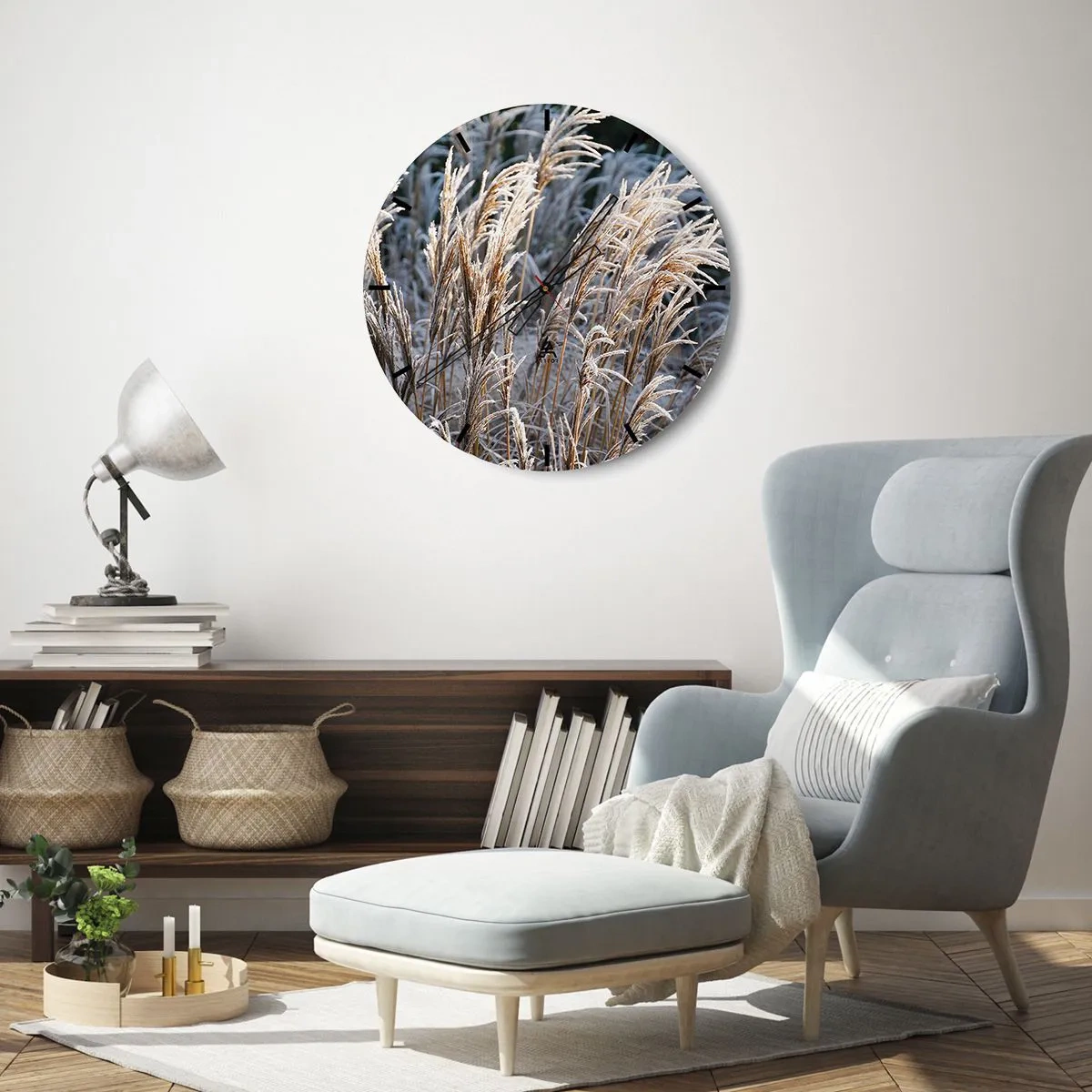 Wanduhr - Glasuhr - Goldene Gräser mit Frost bedeckt in einer Winterlandschaft - 30x30cm - Gekleidet mit Frost - Moderne Wanddekoration für Wohnzimmer, Küche und Schlafzimmer ARTTOR