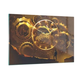 Glasbild - Bild auf glas - Goldene Steampunk-Zahnräder mit Hintergrundbeleuchtung vor einer menschlichen Silhouette - 120x80cm - An der Quelle der Zeit - Moderne Wanddekoration für Wohnzimmer und Schlafzimmer ARTTOR