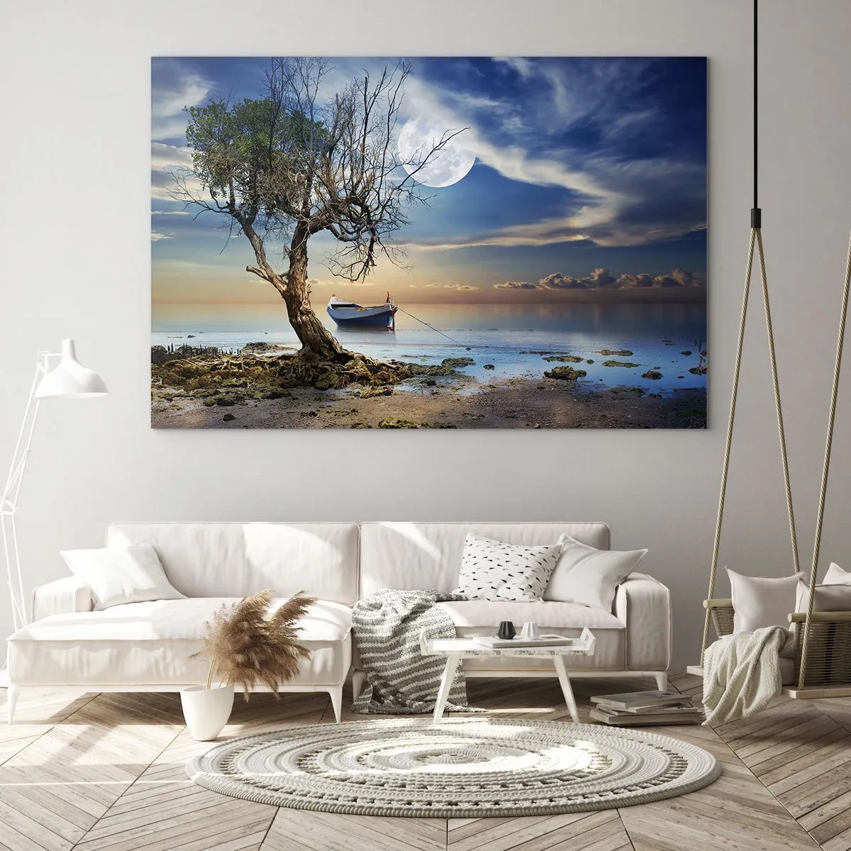 Glasbild - Bild auf glas - Ein einsames Boot neben einem Baum vor dem Hintergrund des Mondes - 70x50cm - Ist das das Ende oder der Anfang? - Moderne Wanddekoration für Wohnzimmer und Schlafzimmer ARTTOR