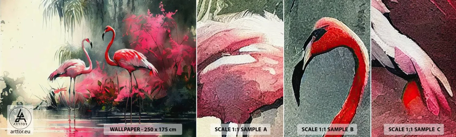 Fototapeten Muster Selbstklebend Deluxe Sticker - Lektion in natürlicher Anmut - Flamingos, Stück, Landschaft - 100x30 cm