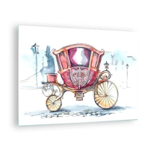 Glasbild - Bild auf glas - Eine elegante Kutsche im Aquarellstil vor einem Straßenhintergrund - 70x50cm - Zur Hochzeit oder zum Abschlussball? - Moderne Wanddekoration für Wohnzimmer und Schlafzimmer ARTTOR