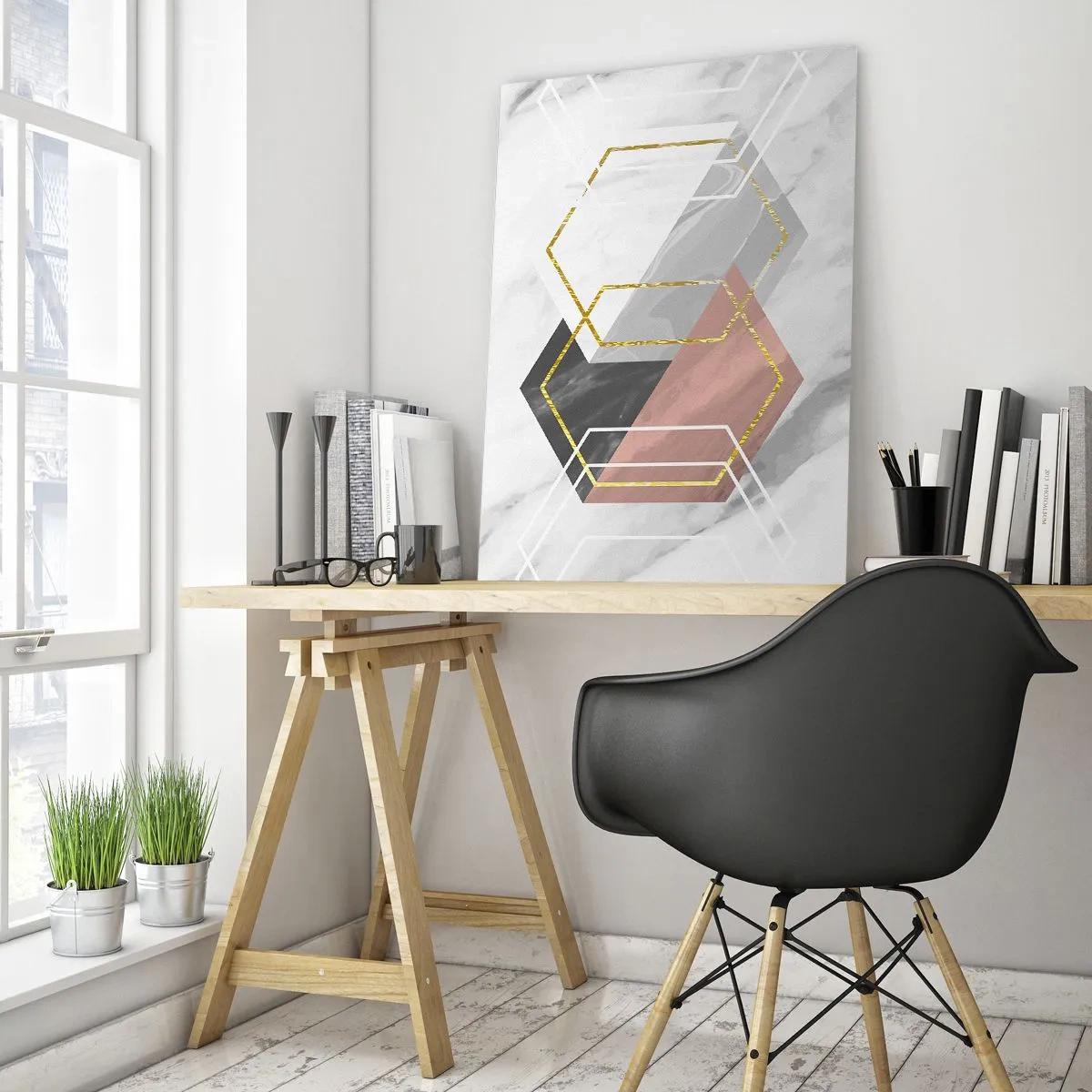 Glasbild - Bild auf glas - Goldene geometrische Formen auf Marmorhintergrund - 50x70cm - Kettenkomposition - Moderne Wanddekoration für Wohnzimmer und Schlafzimmer ARTTOR