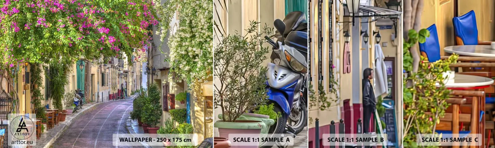 Fototapetenmuster Standard Eco - Blühende Gasse - Die Architektur, Griechenland, Stadt - 100x30 cm