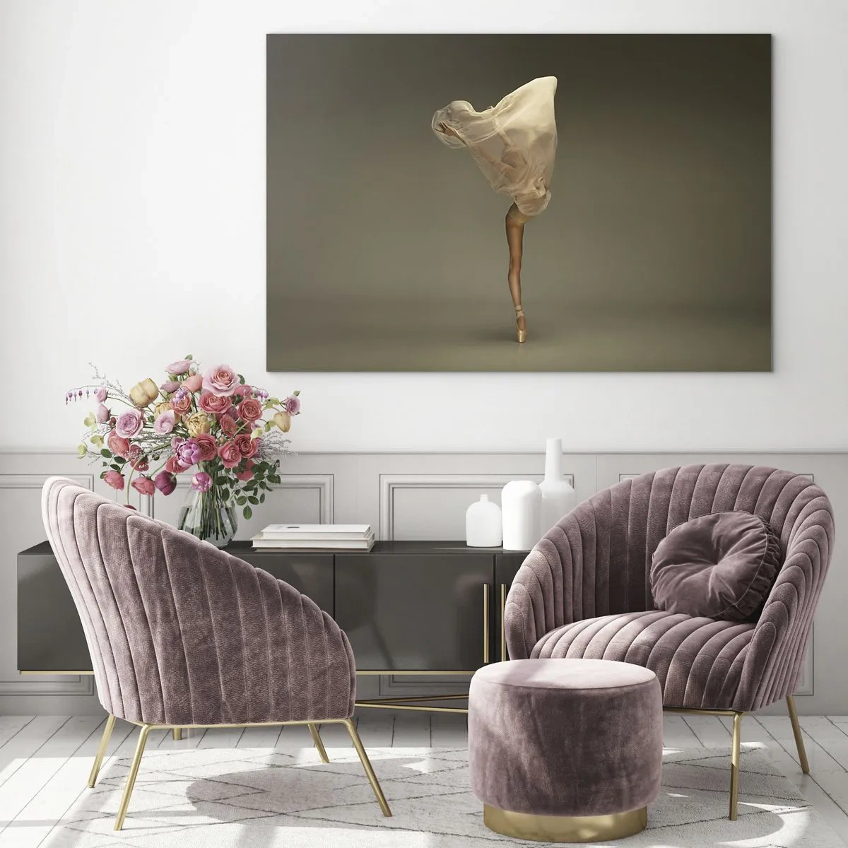 Glasbild - Bild auf glas - Eine Tänzerin in zarter Pose mit hochgezogenem Schleier - 70x50cm - Es wird bald auffliegen - Moderne Wanddekoration für Wohnzimmer und Schlafzimmer ARTTOR