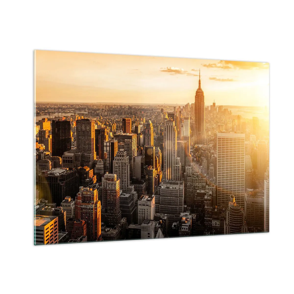 Glasbild - Bild auf glas - Skyline von New York City bei Sonnenuntergang - 100x70cm - In der Sonne wachsen - Moderne Wanddekoration für Wohnzimmer und Schlafzimmer ARTTOR