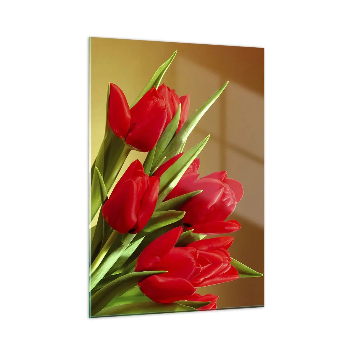 Glasbild - Bild auf glas - Ein Strauß roter Tulpen auf goldenem Hintergrund - 50x70cm - Ein Haufen Frühlingsfreude - Moderne Wanddekoration für Wohnzimmer und Schlafzimmer ARTTOR