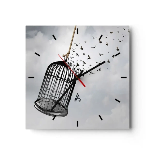 Wanduhr - Glasuhr - Vögel fliegen aus einem Käfig gegen den Himmel - 30x30cm - Glaube ... Hoffnung ... Freiheit! - Moderne Wanddekoration für Wohnzimmer und Schlafzimmer ARTTOR