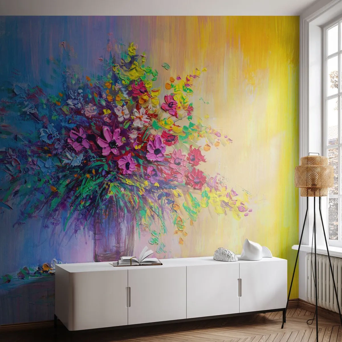 Fototapete Premium Sand - Ein Strauß bunter Blumen in einer Glasvase vor abstraktem Hintergrund. - 100x70cm - Sommergeschenk der Wiese - Moderne Wanddekoration für Wohnzimmer und Schlafzimmer ARTTOR