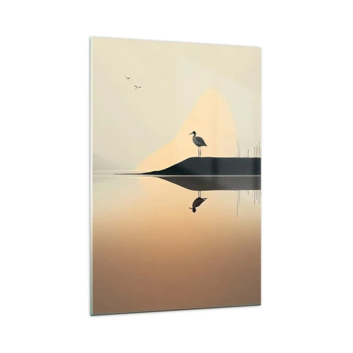 Glasbild - Bild auf glas - Ein Vogel auf einer Insel in einem ruhigen See mit warmen Farbtönen - 70x100cm - Herr am See - Moderne Wanddekoration für Wohnzimmer und Schlafzimmer ARTTOR