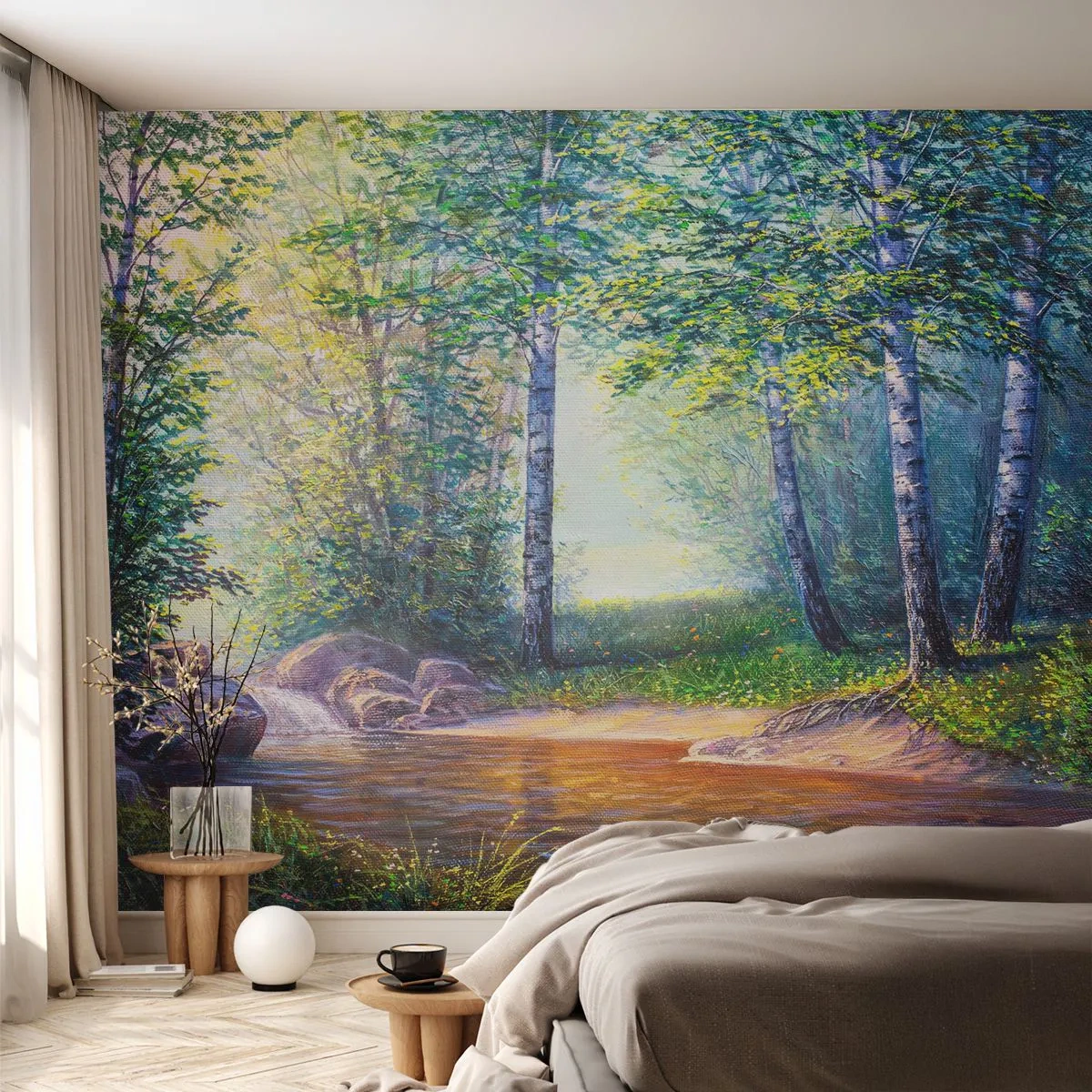 Fototapete Premium Sand - Idyllische Landschaft - Landschaft, Wald, Fluss - 500x350 cm