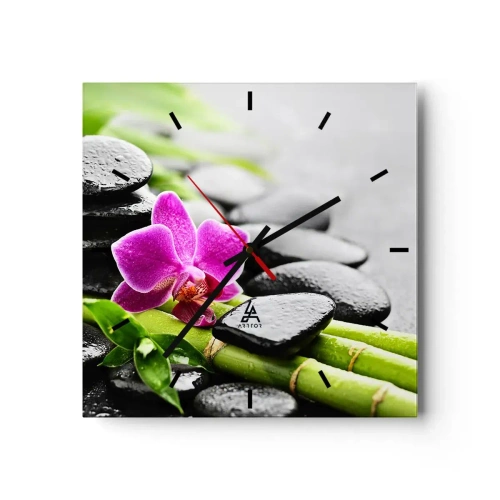 Wanduhr - Glasuhr - Lila Orchidee, schwarze Steine und Bambus in einer ruhigen Komposition - 30x30cm - In ruhiger Balance - Moderne Wanddekoration für Wohnzimmer und Schlafzimmer ARTTOR