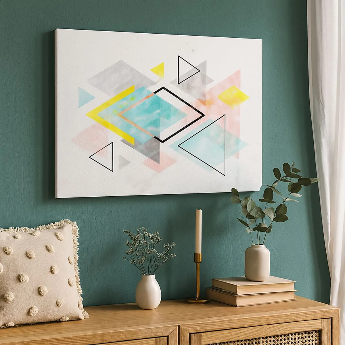 Bild auf Leinwand - Leinwandbild - Bunte geometrische Muster auf weißem Hintergrund - 70x50cm - Geometrisches Spiel - Moderne Wanddekoration für Wohnzimmer und Schlafzimmer ARTTOR