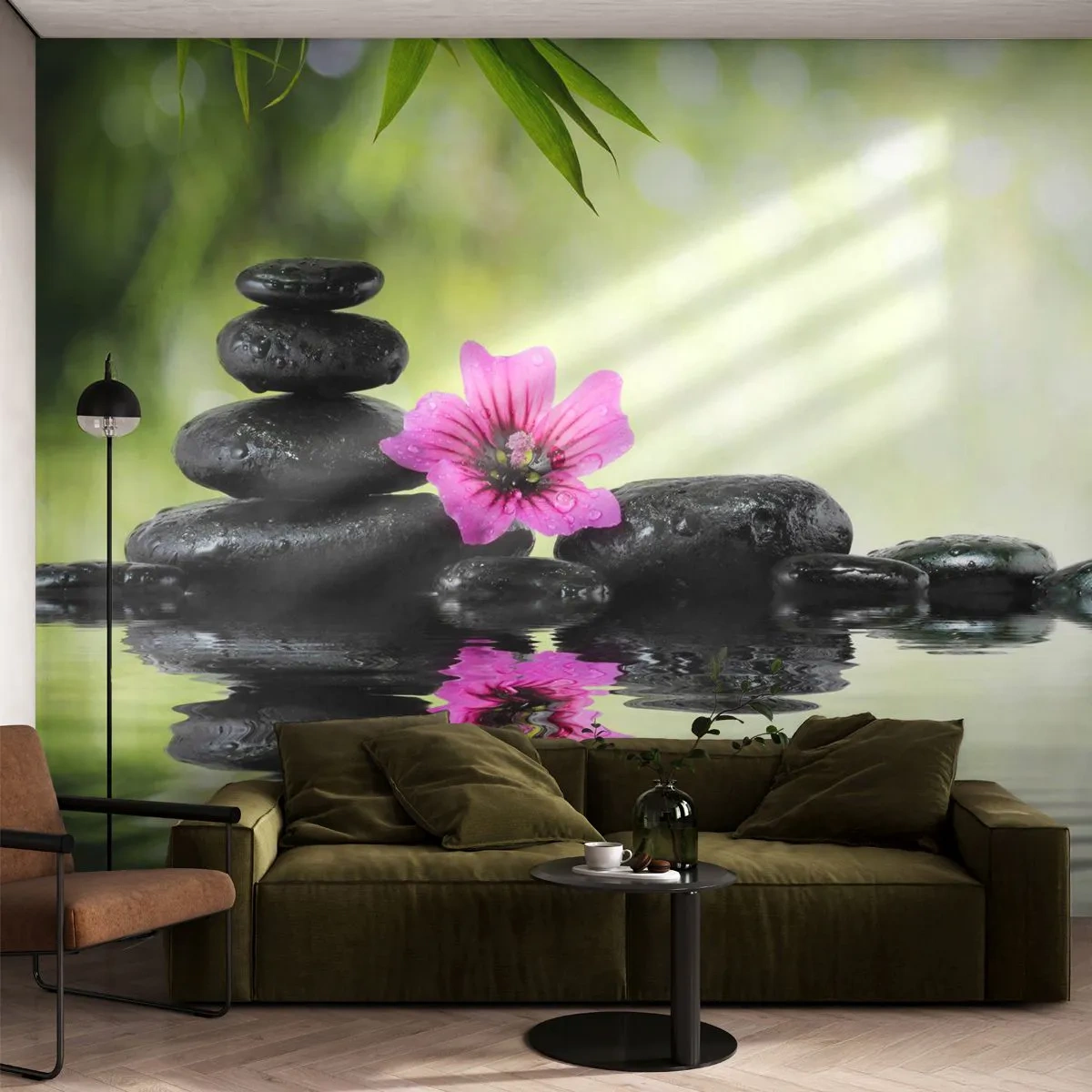 Fototapete Standard Eco - Zen-Steine mit einer rosa Blume über dem Wasser - 100x70cm - Zeit für die Seele - Moderne Wanddekoration für Wohnzimmer und Schlafzimmer ARTTOR
