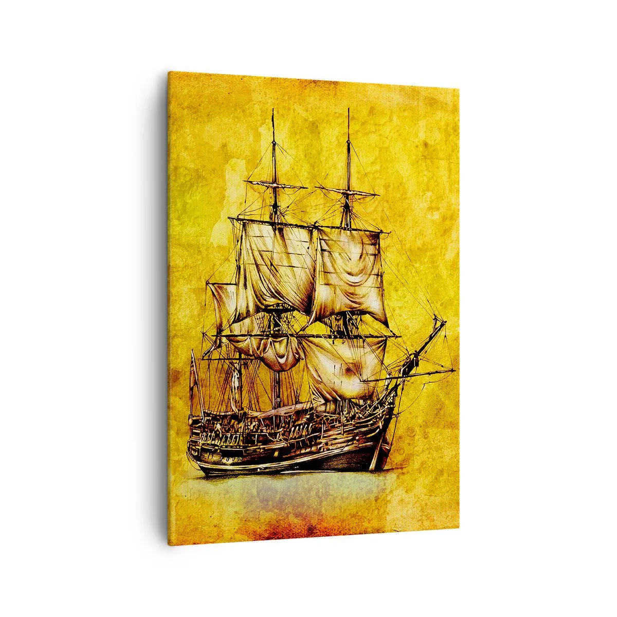 Bild auf Leinwand - Leinwandbild - Eine stilisierte Zeichnung eines Segelschiffs auf goldenem Hintergrund mit Vintage-Feeling. - 70x100cm - Richtung Tortuga! - Moderne Wanddekoration für Wohnzimmer und Schlafzimmer ARTTOR
