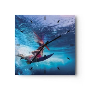Wanduhr - Glasuhr - Ein Surfer unter Wasser in einer dynamischen Komposition in Blautönen. - 30x30cm - Tiefe der Freude - Moderne Wanddekoration für Wohnzimmer und Schlafzimmer ARTTOR