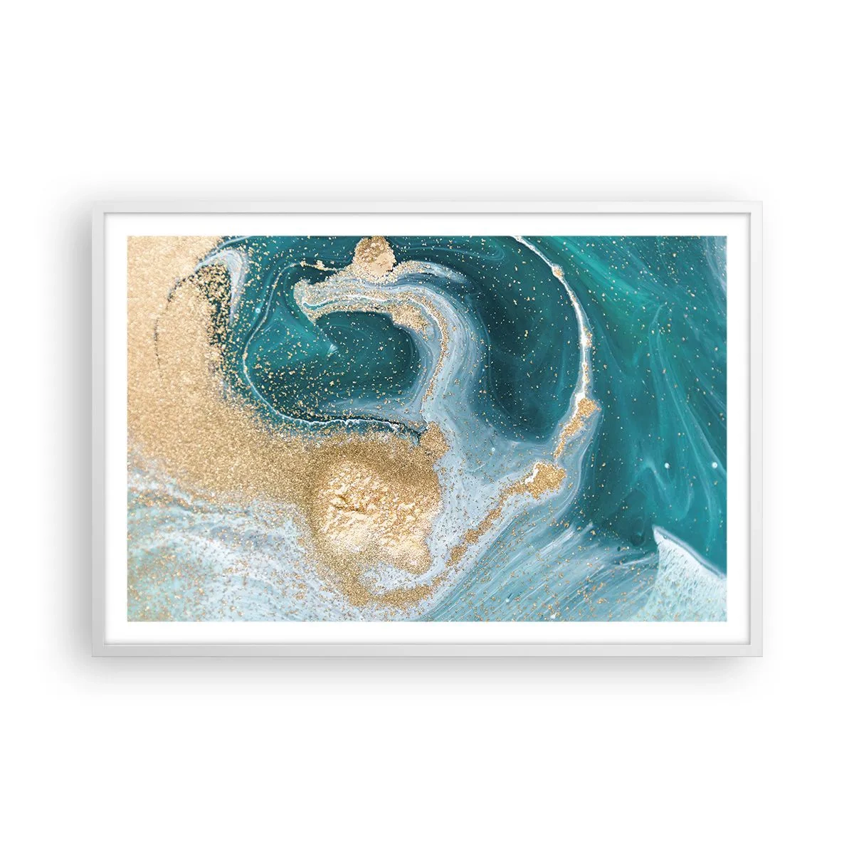 Poster in einem weißen Rahmen - Ein Strudel aus Gold und Türkis - 91x61 cm