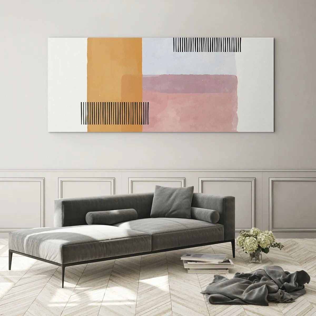 Glasbild - Bild auf glas - Geometrie in Pastellfarben mit Linien auf hellem Hintergrund - 140x50cm - Von Ecke zu Ecke - Moderne Wanddekoration für Wohnzimmer und Schlafzimmer ARTTOR