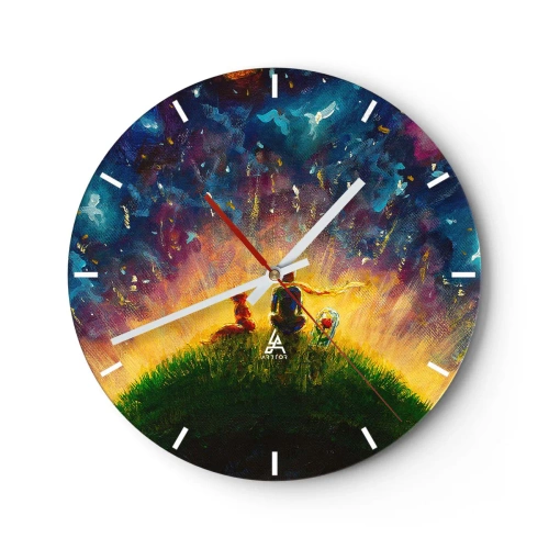 Wanduhr - Glasuhr - Ein Gemälde, das zwei Figuren vor einem bunten Himmel zeigt - 30x30cm - Liebe und Freundschaft - die ganze Welt - Moderne Wanddekoration für Wohnzimmer, Küche und Schlafzimmer ARTTOR