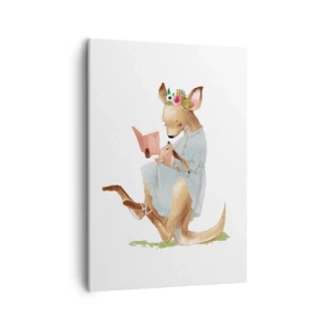 Bild auf Leinwand - Leinwandbild - Kanga liest mit einem Baby ein Buch - 50x70cm - Lies mir vor Mama - Moderne Wanddekoration für Wohnzimmer und Schlafzimmer ARTTOR