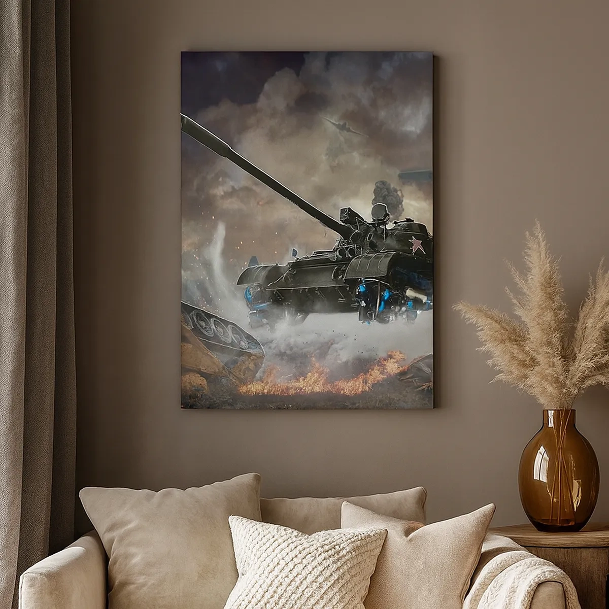 Bild auf Leinwand - Leinwandbild - Kampfszene mit Panzern und Flugzeugen im Hintergrund - 50x70cm - Der Kampf ist schrecklich und schön - Moderne Wanddekoration für Wohnzimmer und Schlafzimmer ARTTOR