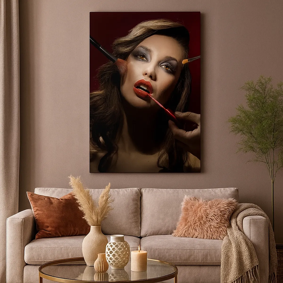 Bild auf Leinwand - Leinwandbild - Stilvolles Porträt einer Frau beim Schminken vor dunklem Hintergrund - 50x70cm - Verträumt schön - Moderne Wanddekoration für Wohnzimmer und Schlafzimmer ARTTOR