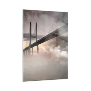 Glasbild - Bild auf glas - Eine Brücke im Nebel mit dramatischem Himmel und Tiefenperspektive - 50x70cm - Auf dem Fluss, den es nicht gibt - Moderne Wanddekoration für Wohnzimmer und Schlafzimmer ARTTOR